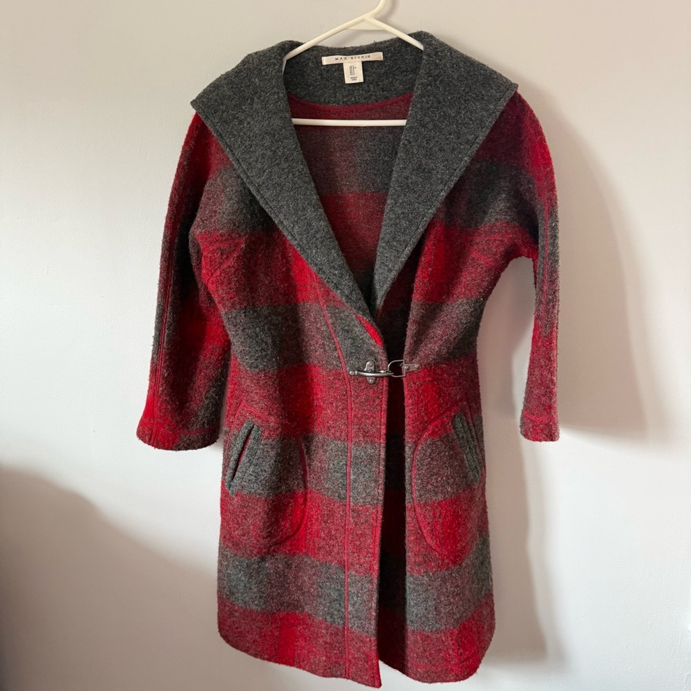 Max studio hooded wool blend jacket red plaid size small